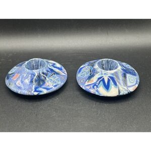 Pair‎ of Vintage Porcelain Blue Inlaid Taper Candlestick Holder - Signed 1993